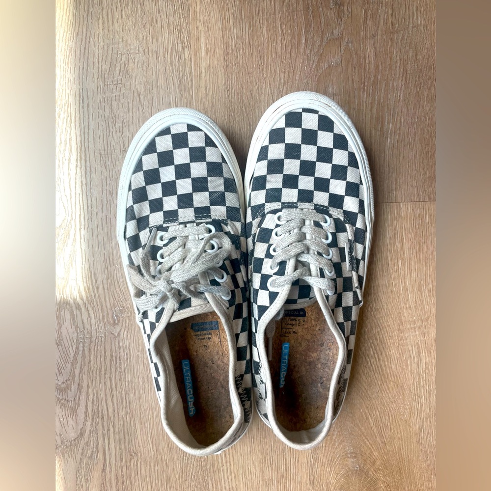 Cream checkered vans. Lace up sneakers. GUC.
